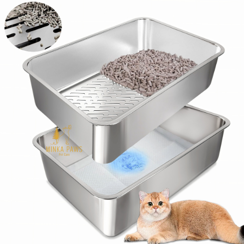 Stainless Litter Box with Sifter, High Walls & Cover