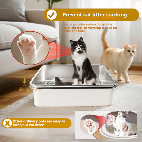 Stainless Litter Box with Sifter, High Walls & Cover